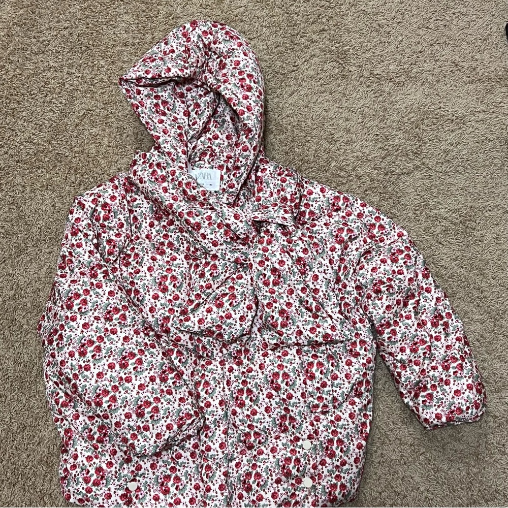 Zara Girls Floral Puffer Jacket & Matching Scarf Set Rose Print 9-10 Years 140